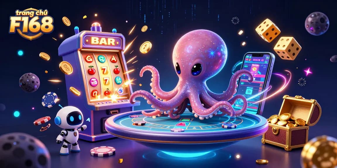 Experience thrilling gaming at trang chủ F168 with a vibrant 3D alien octopus operating a holographic poker table amid an explosive casino scene.