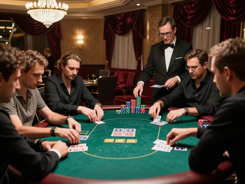 Players strategizing in a high-stakes poker game at an upscale casino with link 45678 visible on chips.
