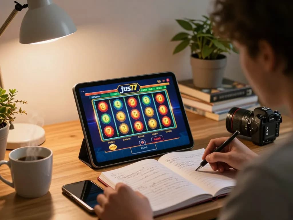 Engaging in online slots gameplay at jus77, showcasing colorful reels and strategic notes