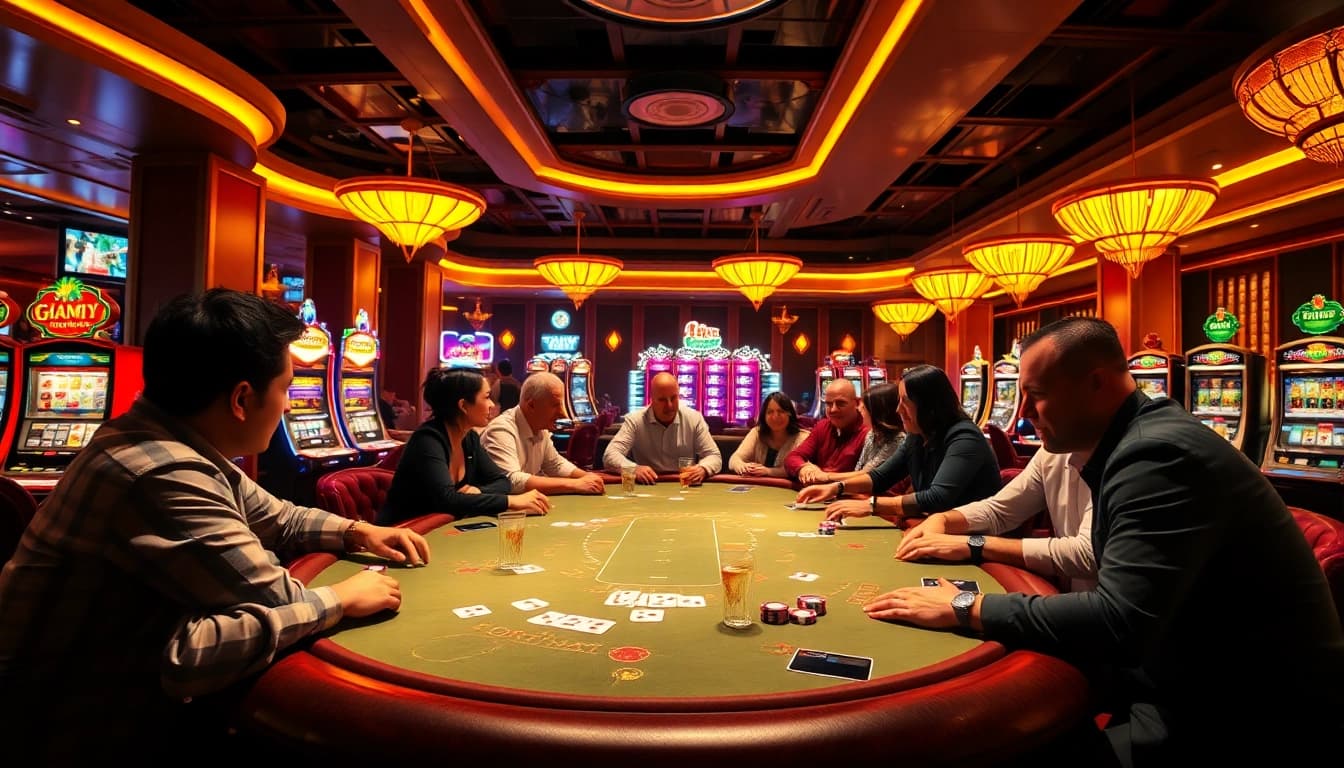 Experience uvip娛樂 at an exciting casino poker table with vibrant players and thrilling ambience.