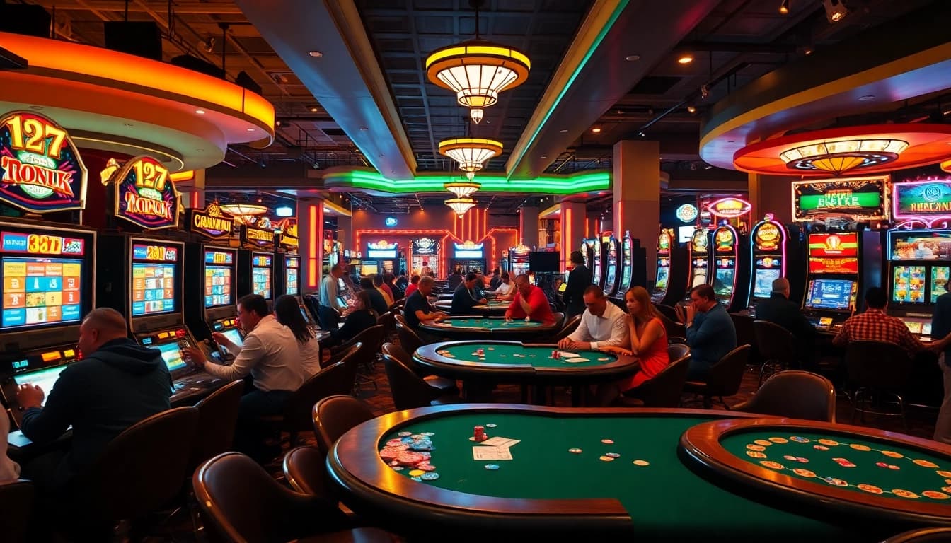 Engaging casino environment highlighting AT99娛樂 with vibrant players and illuminated atmosphere.