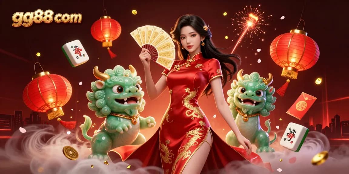 Play exciting games at gg88 com, featuring a crimson-clad lady with red lanterns and gold coins.
