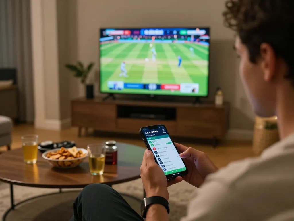 Engage in live cricket betting on https://crickex.fit/ with a smartphone in a cozy home setting