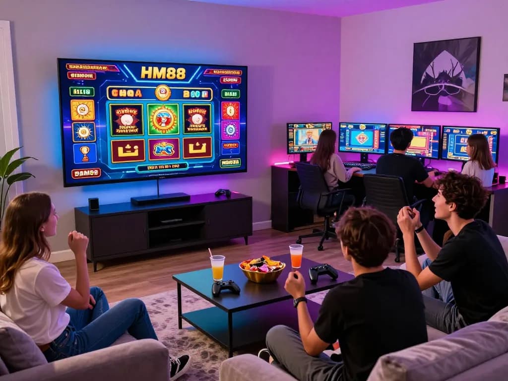 Playful group enjoying the HM88 casino experience in a vibrant home gaming setup.