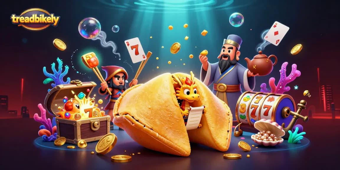 Experience thrilling gameplay with slot reels and a giant fortune cookie at treadbikely casino scene.