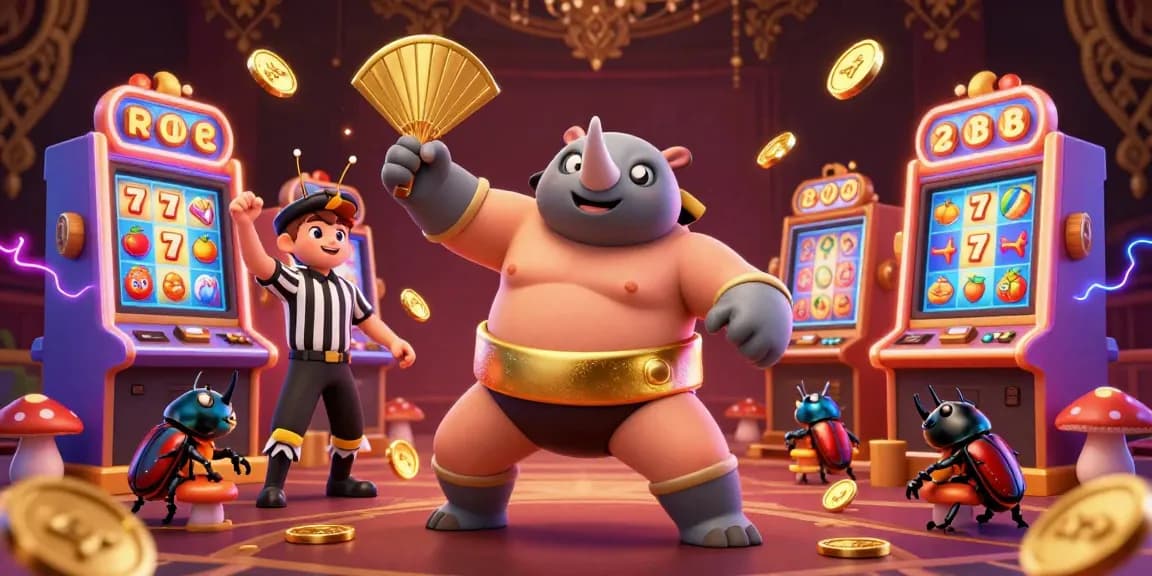 MPOID showcases a vibrant gambling scene with a rhinoceros beetle champion winning golden coins amid slot machines.