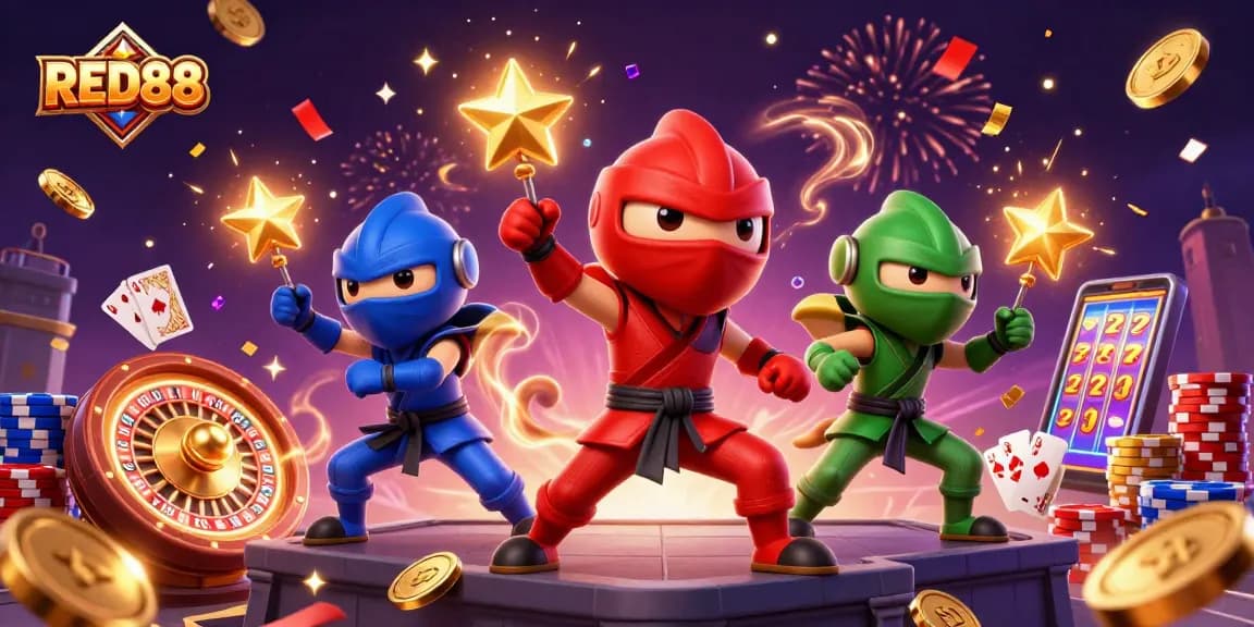 Experience the thrill of gaming at RED88 with vibrant chameleon ninjas and shimmering coins.