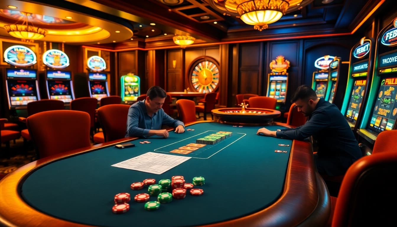 FEBET poker table scene showcasing vibrant chips and a thrilling atmosphere.