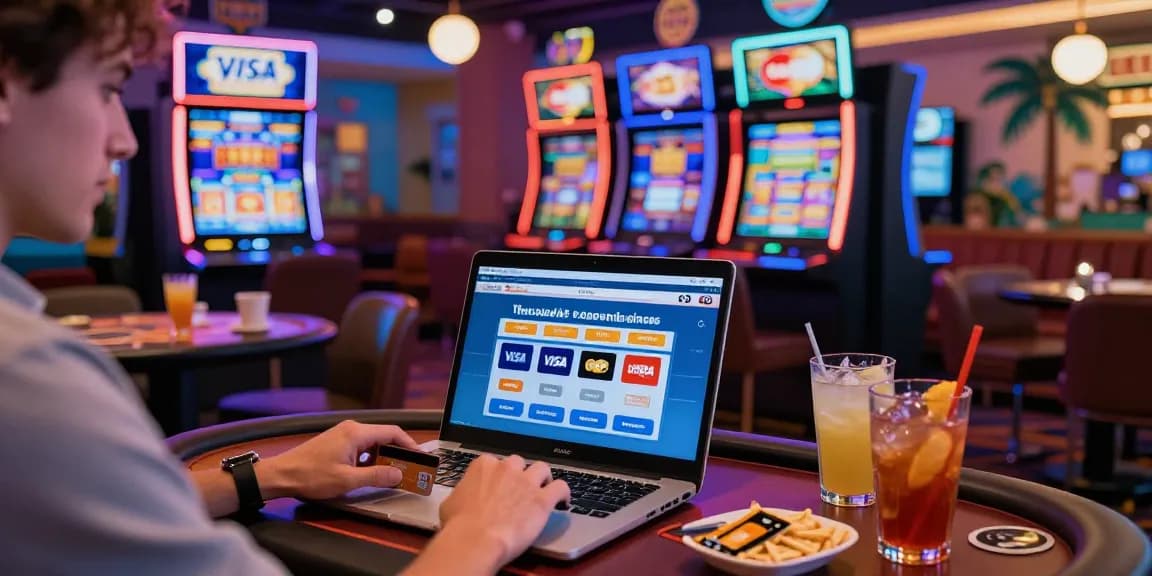 Exciting scene at credit card deposit casinos with player using Visa and Mastercard surrounded by vibrant slots.