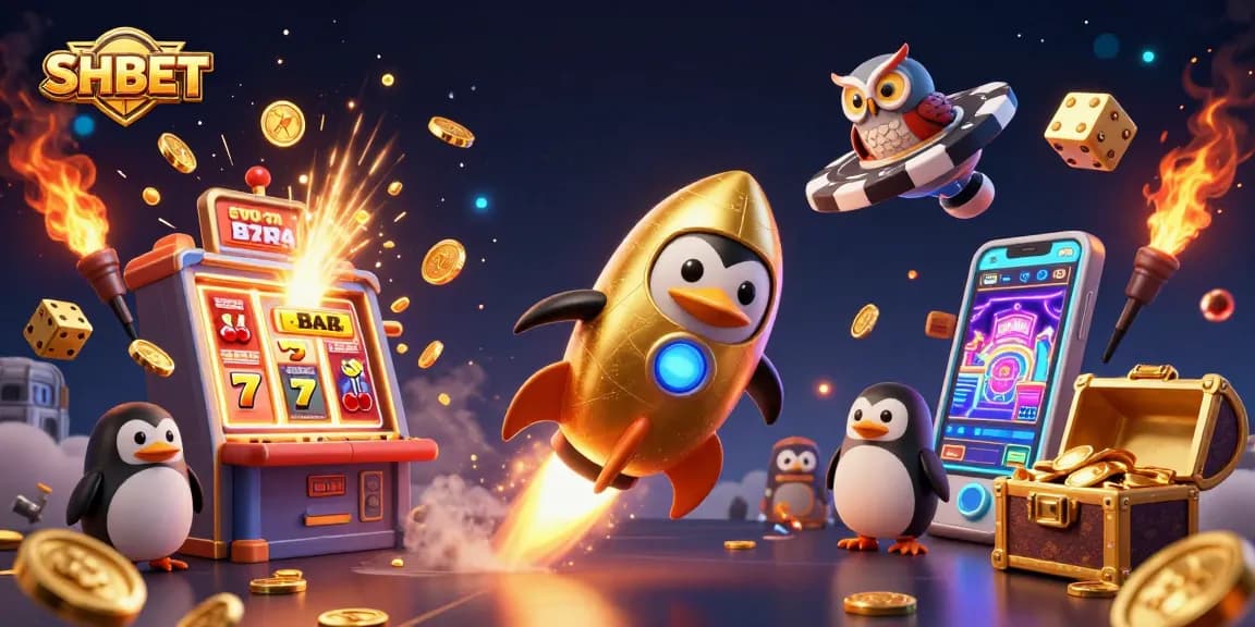 Experience thrill and winnings at SHBET with a golden penguin blasting to a jackpot station.