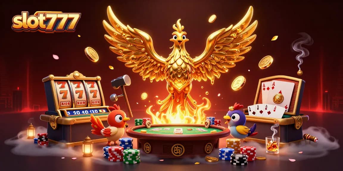 Experience winning with slot777, enjoy a golden phoenix surrounded by vibrant casino elements.