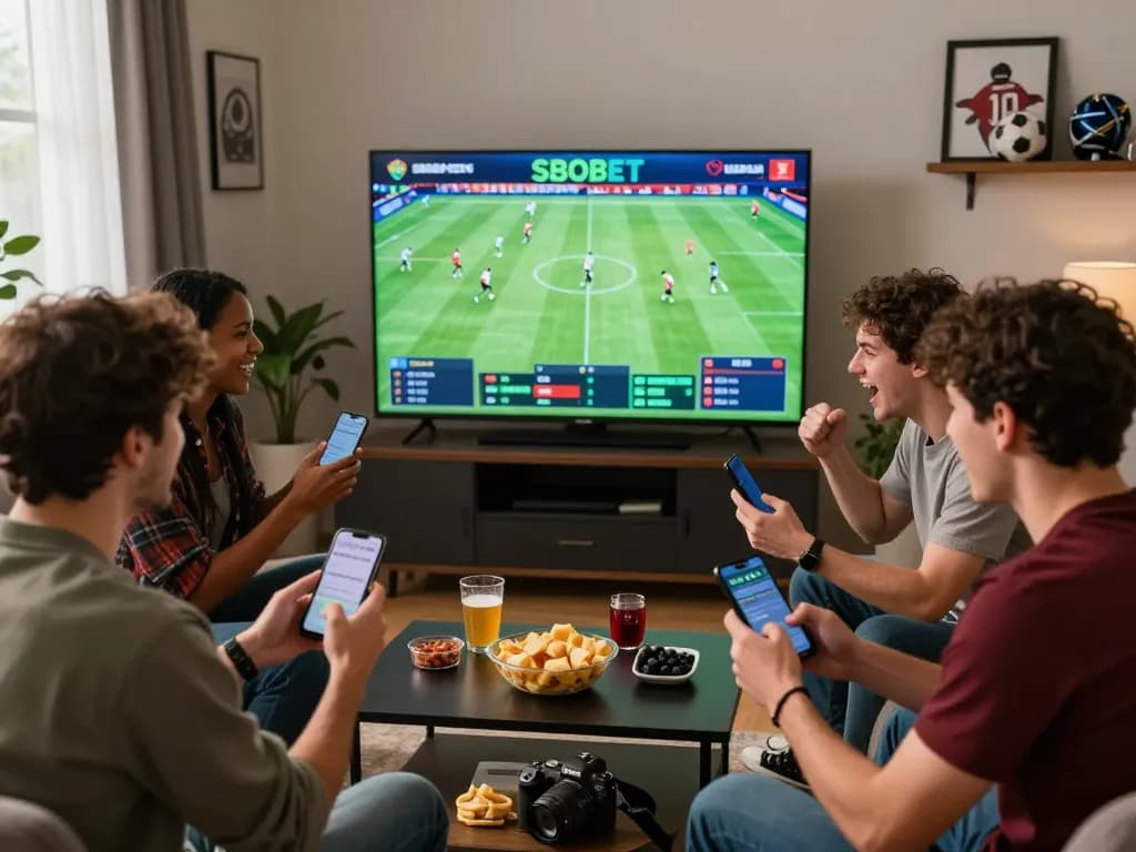 Friends celebrating SBOBET sports betting in a vibrant setting, showcasing camaraderie and excitement.