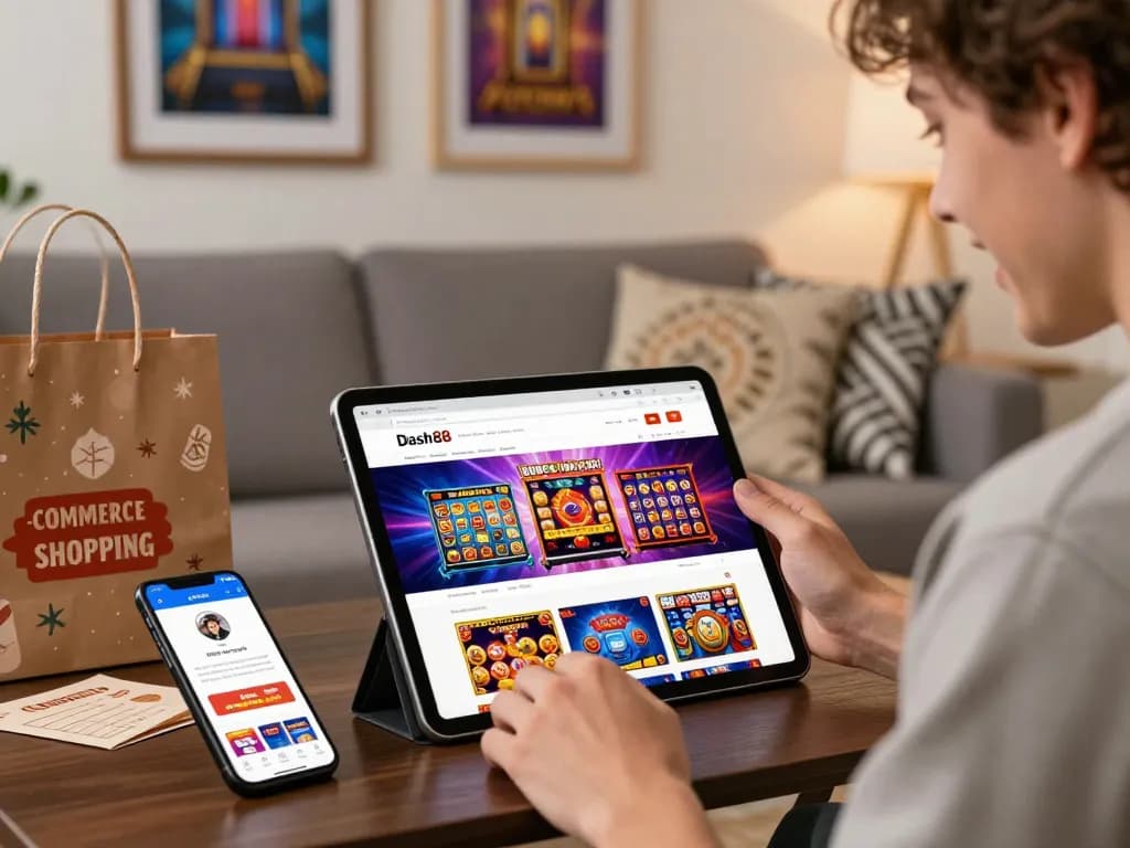 Customer browsing Dash88 for easy online slot games in a cozy home setting.