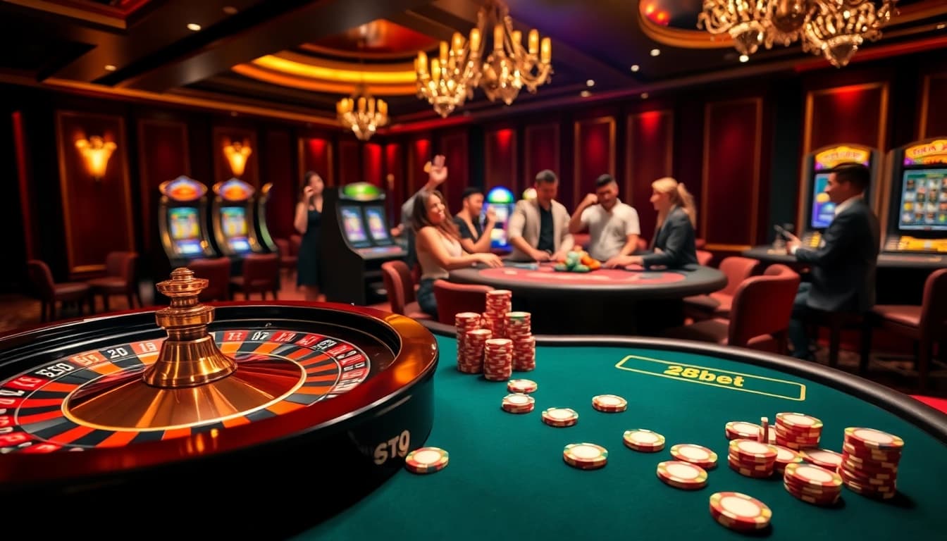 Experience the excitement of 28bet with players engaging at a vibrant casino table.