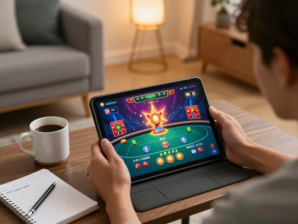 Engaging online gaming moment showcasing sg777 login on a tablet, with strategic notes and cozy ambiance.