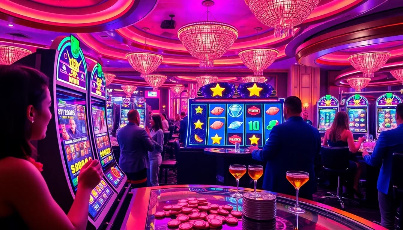 Spaceman slot players celebrating a big win at a vibrant casino with neon lights.