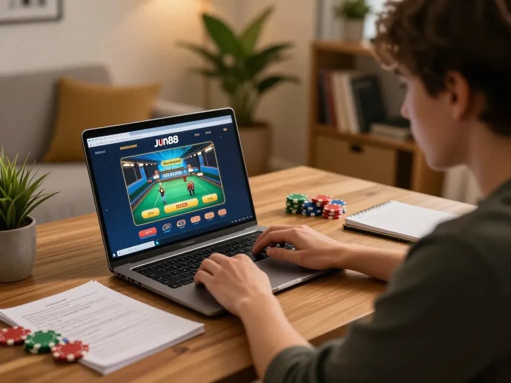 Player enjoying online gaming on Jun88 with colorful chips and strategy notes at home