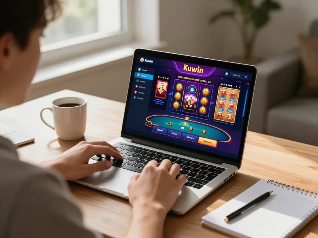Kuwin user engaging in online poker on a laptop, focused on gameplay and strategy.