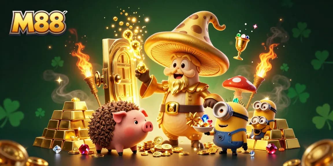 Engage with M88's vibrant gaming atmosphere, featuring magical elements and treasures in a 3D illustration.