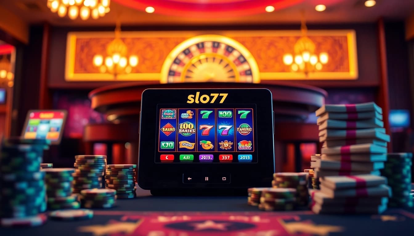 Experience thrilling gameplay on slot777 with a high-tech slot machine amidst vibrant casino elements.