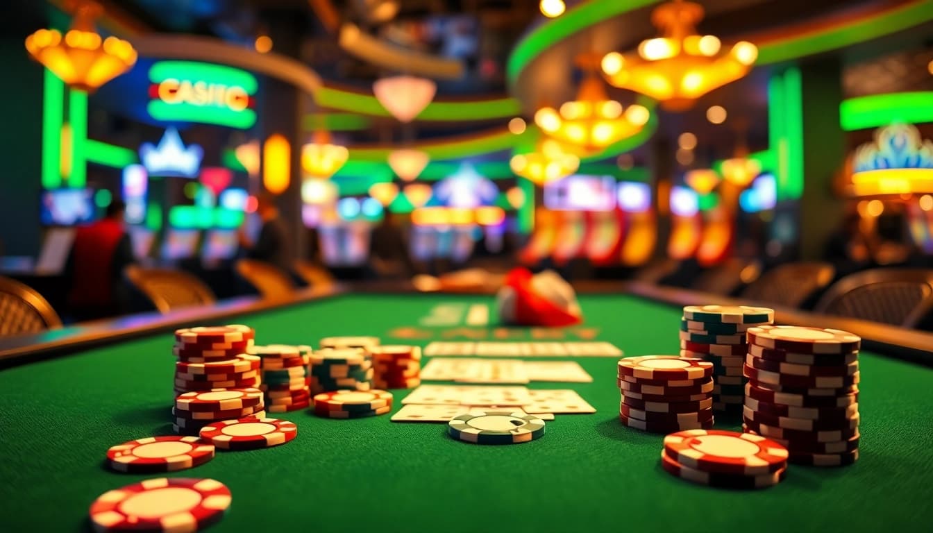 Tampilkan dewabet link pada meja kasino dengan kartu dan chip poker yang berwarna-warni.