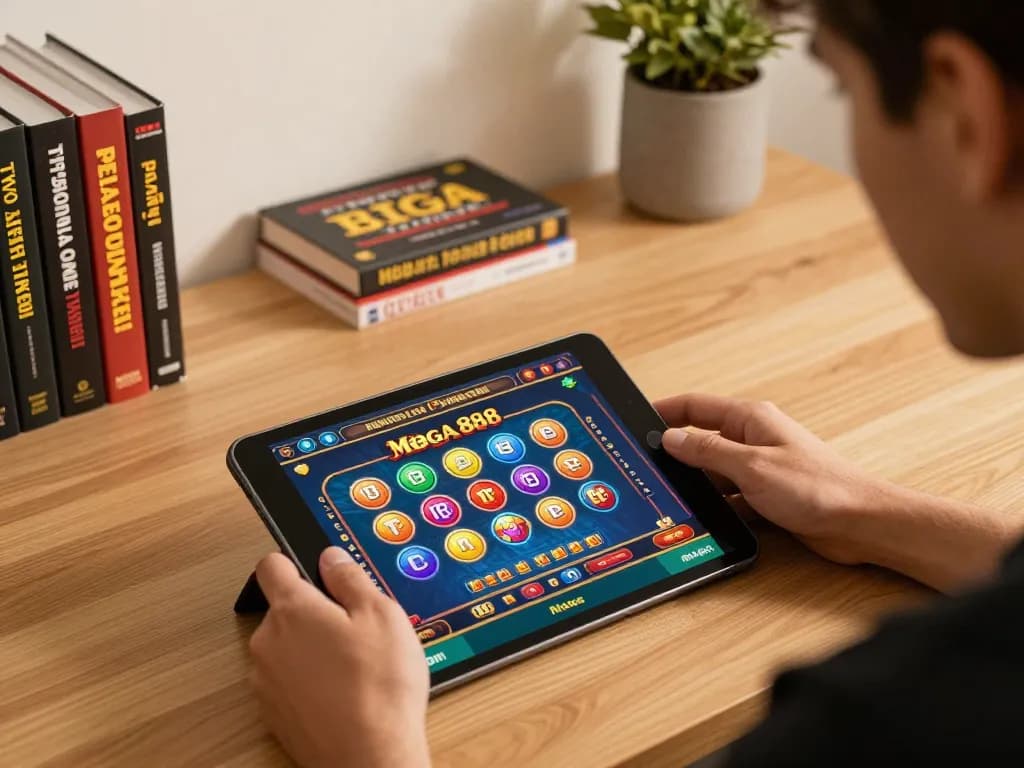 Mega 888 online gaming experience showcasing intense gameplay on tablet in cozy home setting.