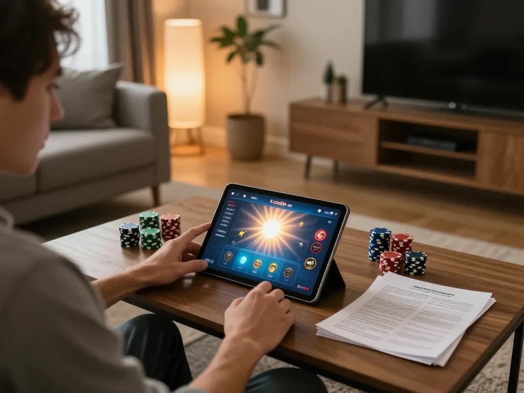Engaging in strategic online gaming at sunwin with tablet on cozy coffee table, showcasing poker chips and notes.