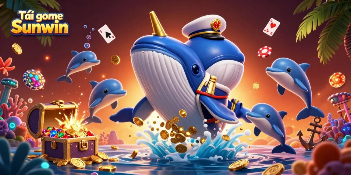 Tải game Sunwin with vibrant 3D underwater casino scene featuring a cartoon whale, narwhal, and dolphins.