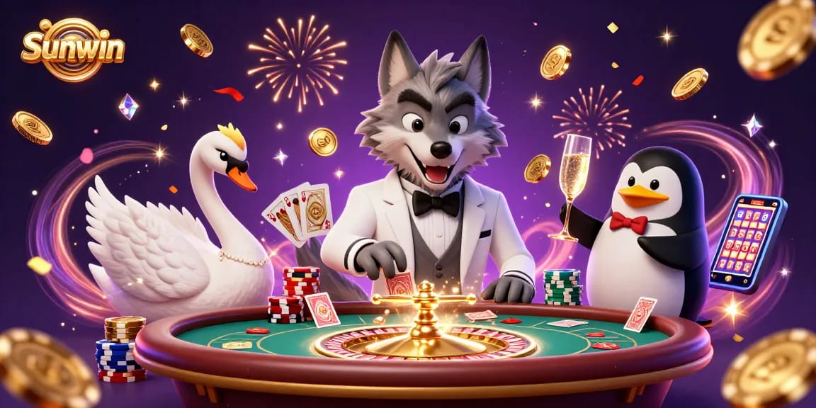 Experience exciting gaming at Sunwin with a debonair wolf and friends celebrating at a baccarat table.