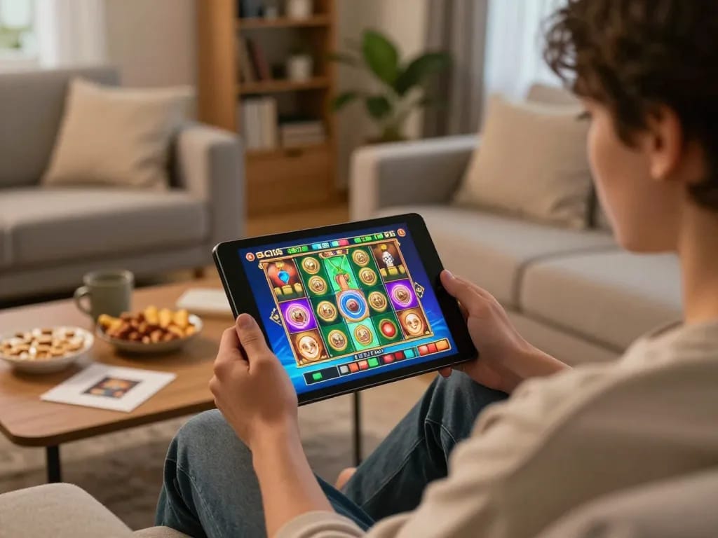 Player enjoying iwin online slot games on a tablet in a cozy home setting.