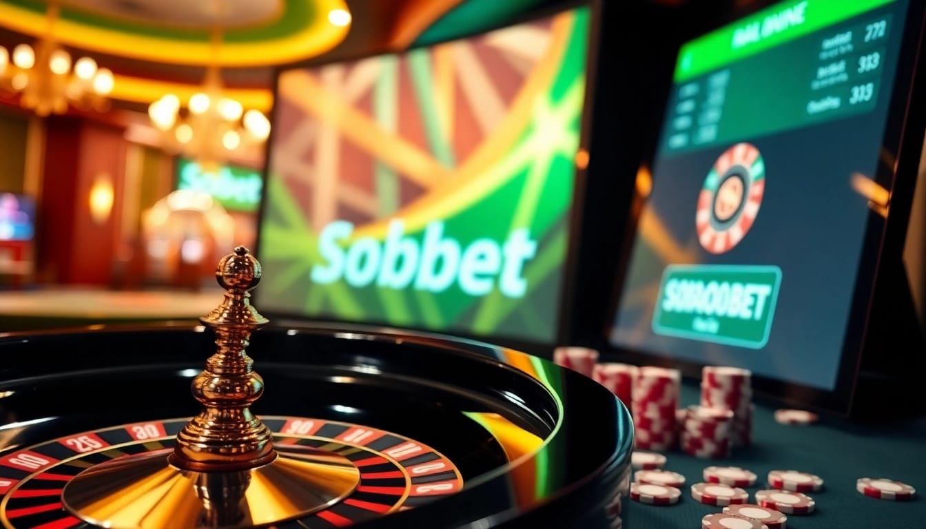 SboBet link login interface displayed on a luxurious casino table with vibrant roulette wheel and poker chips.