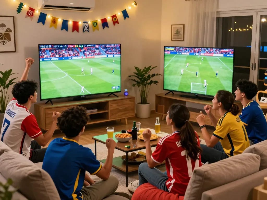 Friends enjoying trực tiếp socolive football matches in an inviting living room setting with snacks and lively atmosphere.