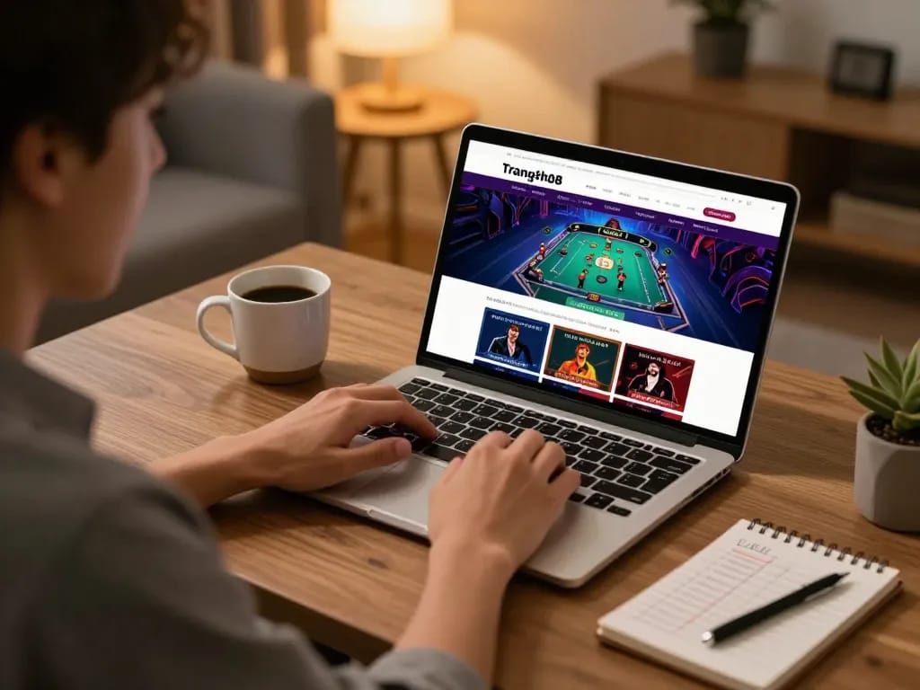 Engaging moment using Trang chủ Fly88 for online gaming strategies with warm home office lighting.