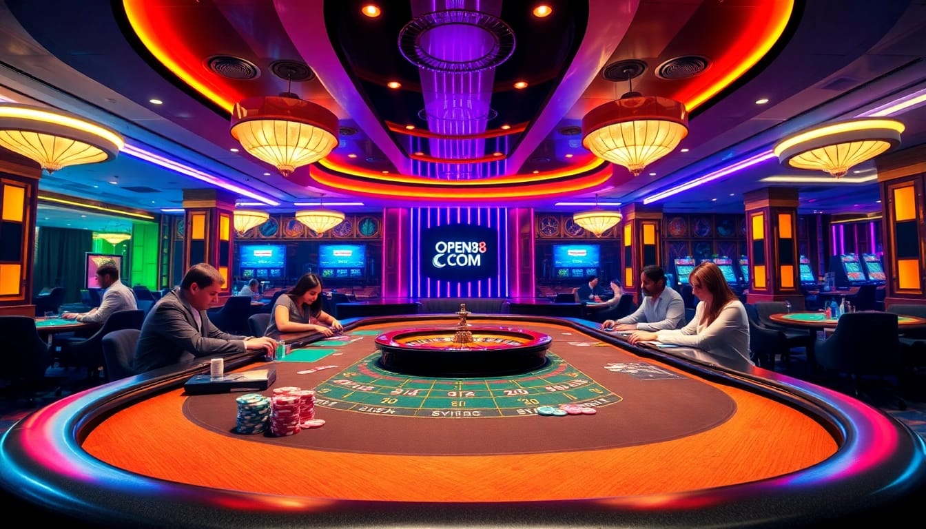 Engaging players at the Open88 COM casino table, showcasing vibrant atmosphere and professional gaming.