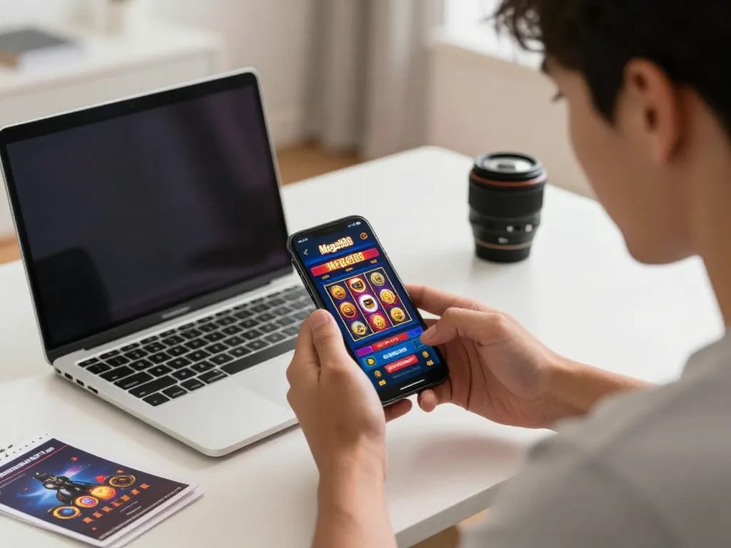 Engaging in mobile gaming: download mega888 apk for android on a smartphone in a stylish home office.