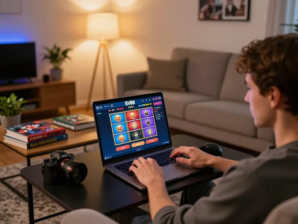 Engaging in online gaming on SV88 platform, showcasing cozy setup with laptop and betting strategy notes