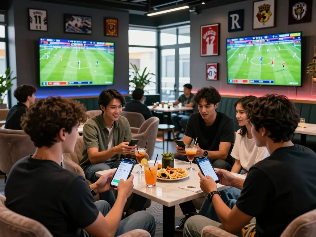 Engaged group enjoying Fabet sports betting experience in modern lounge.