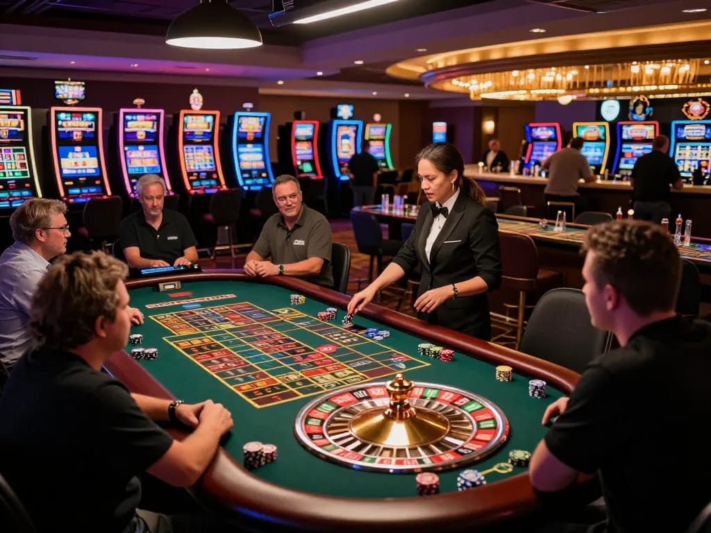 IWIN68 players engaging at a lively roulette table, excitement high as the wheel spins in the vibrant casino.