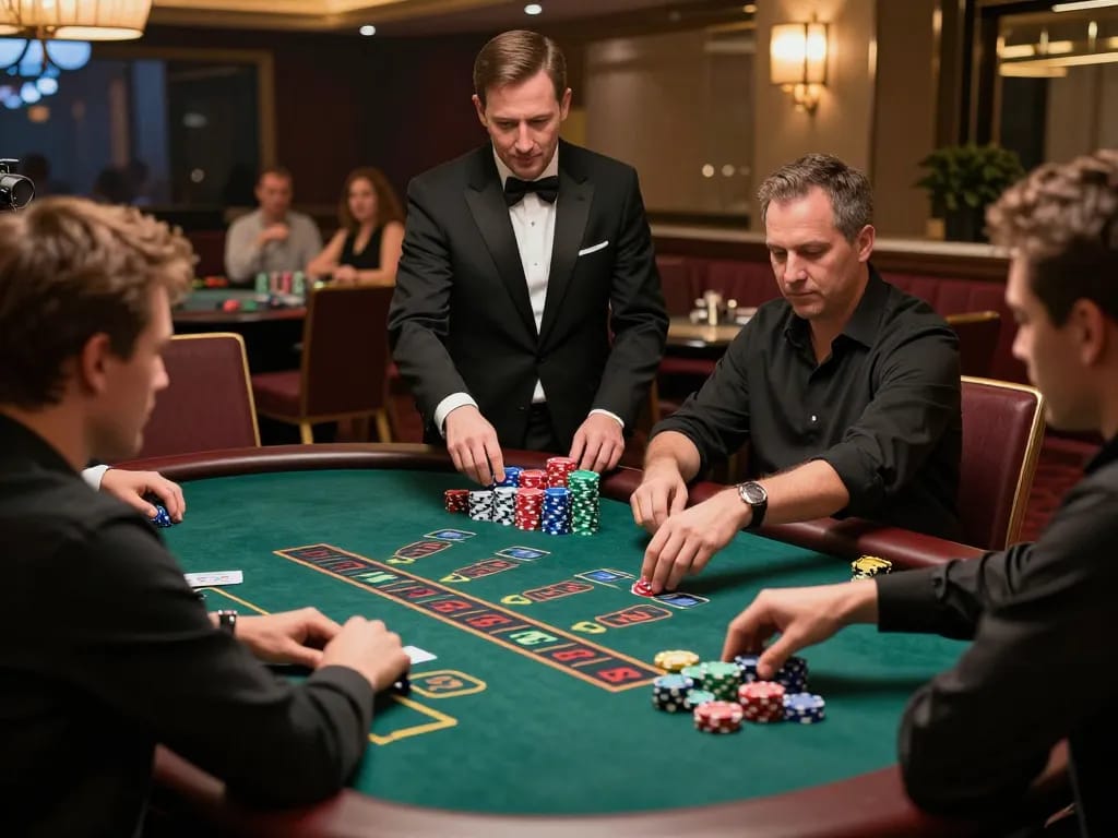 Players engaged at a blackjack table in MM88 casino, emphasizing strategic betting and excitement.