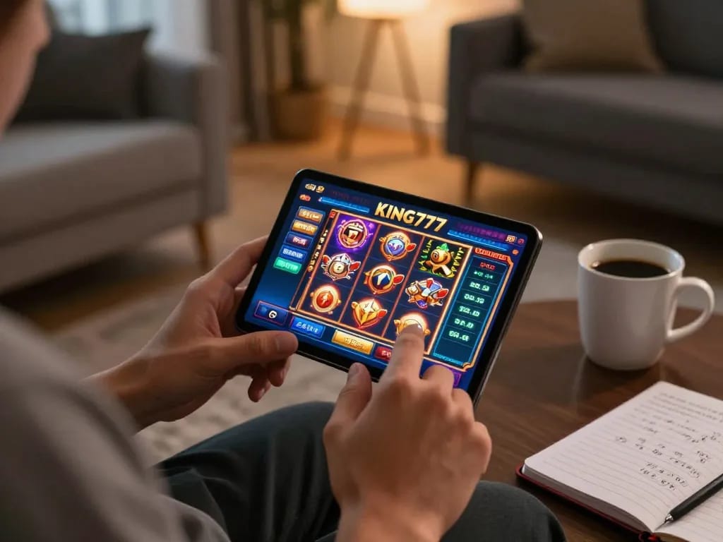 Permainan yang menarik di aplikasi KING777, menampilkan mesin slot yang cerah untuk perjudian online yang mendalam.