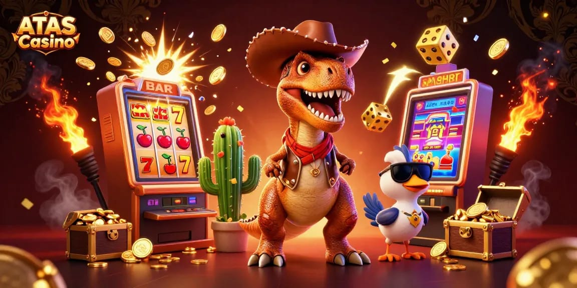 Experience ATAS Casino with vibrant characters winning jackpots amid a colorful casino backdrop.
