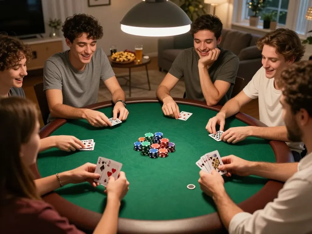 Friends enjoying a home poker night while strategizing their luck81 card game