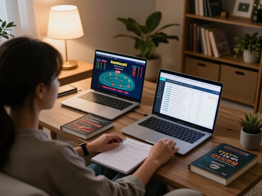 Person engaging with keonhacai5 online betting interface on laptop, strategic gambling setup in cozy home.