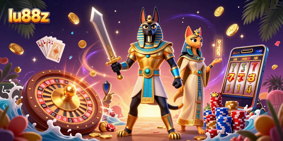Experience exciting gameplay with lu88z and vibrant casino elements in an ancient Egyptian themed illustration.