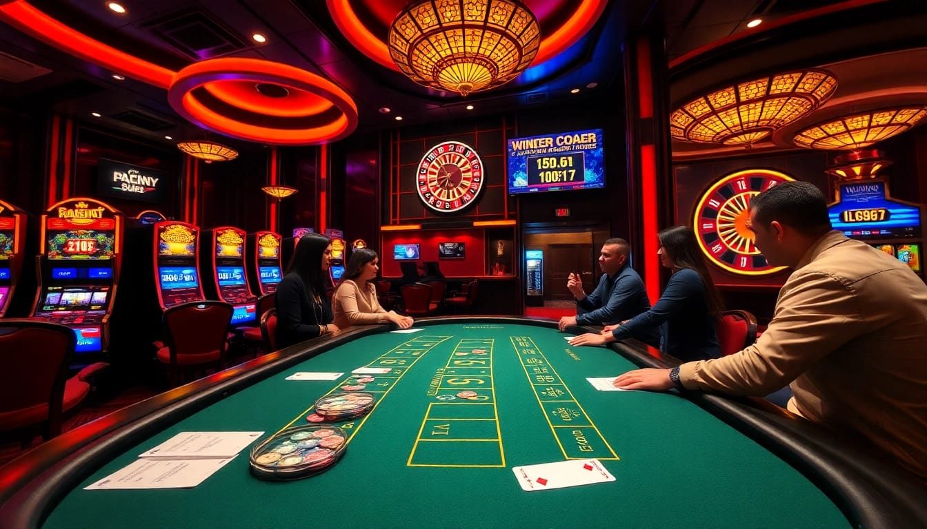 Experience the thrill of the LC88 casino with vibrant slot machines and an action-packed blackjack table.