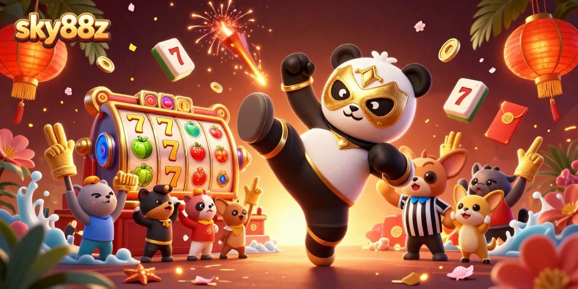 Experience thrilling action with sky88z as a panda wrestler kicks in an engaging casino scene.