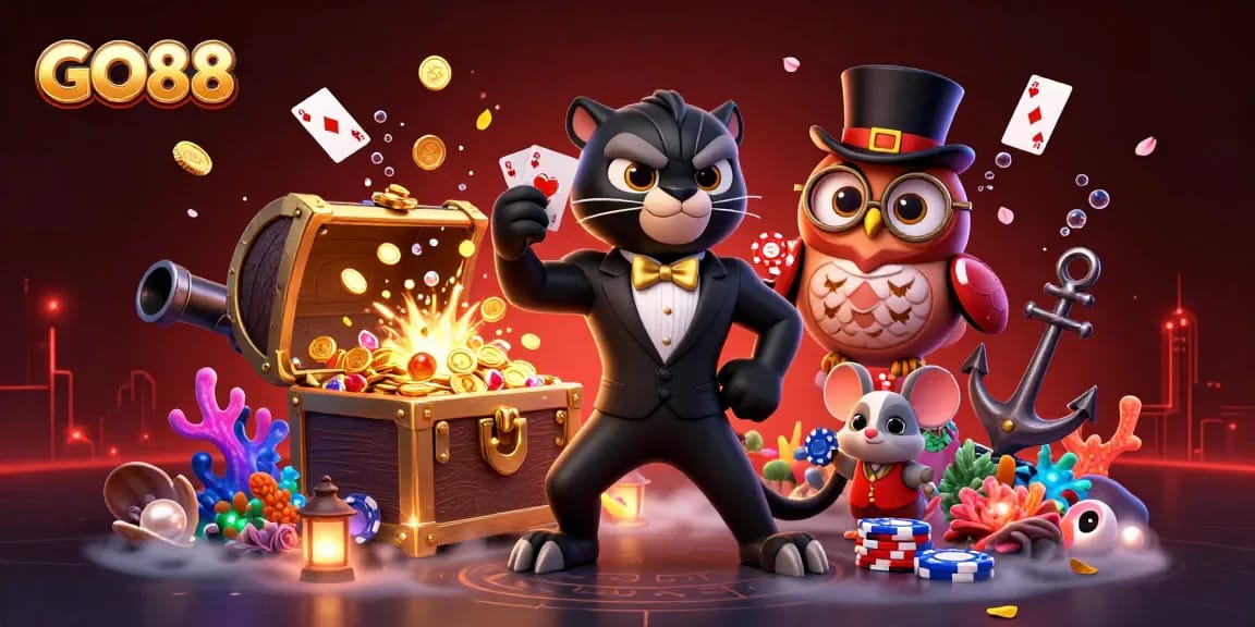 Experience thrilling moments at GO88 casino with vibrant characters dealing cards and poker chips.
