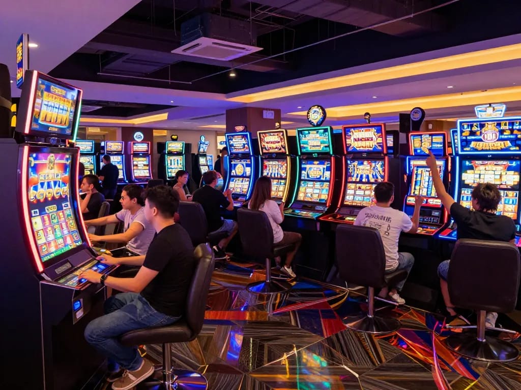 gamblers enjoying thrilling slots at gnk88 casino, capturing the excitement and vibrant atmosphere