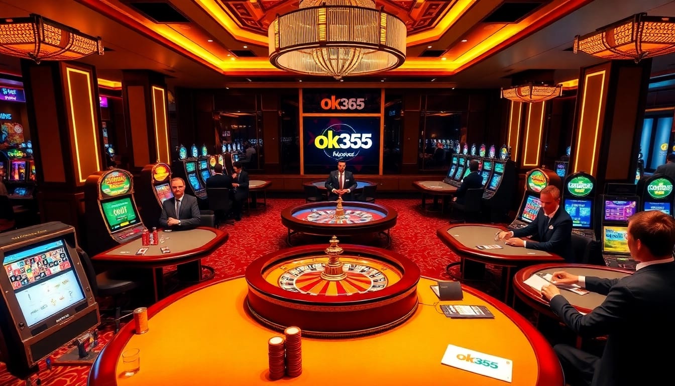 Experience the excitement at ok365 with vibrant casino tables, poker chips, and a roulette wheel.