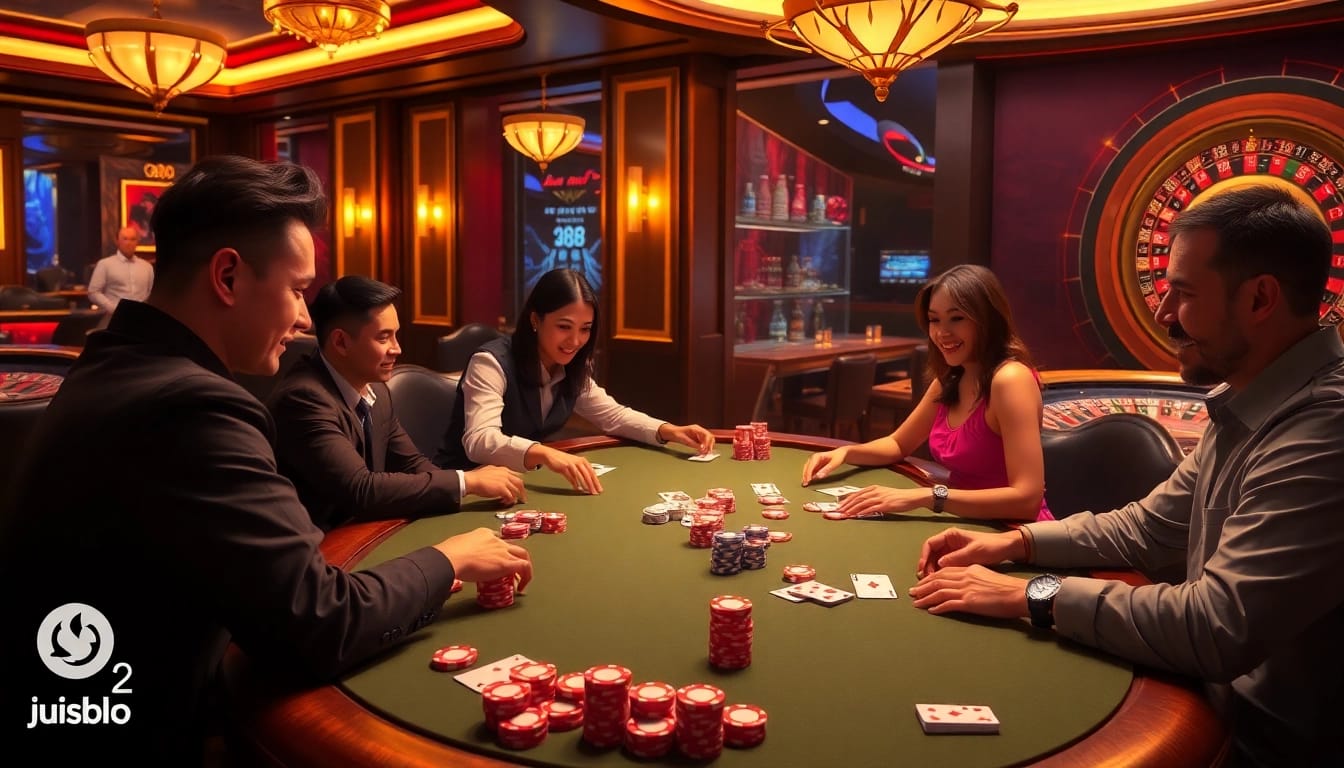 Players engaging at a vibrant jun88 2 casino poker table with colorful chips and cards.